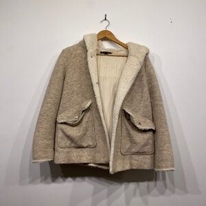 Zara Beige Hooded Snap Button Cozy Sherpa Vibe Coat Size Medium